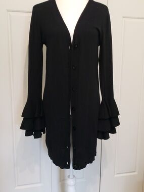 Soprano XS long Black Cardigan Sweater. Ruffle Sleeves